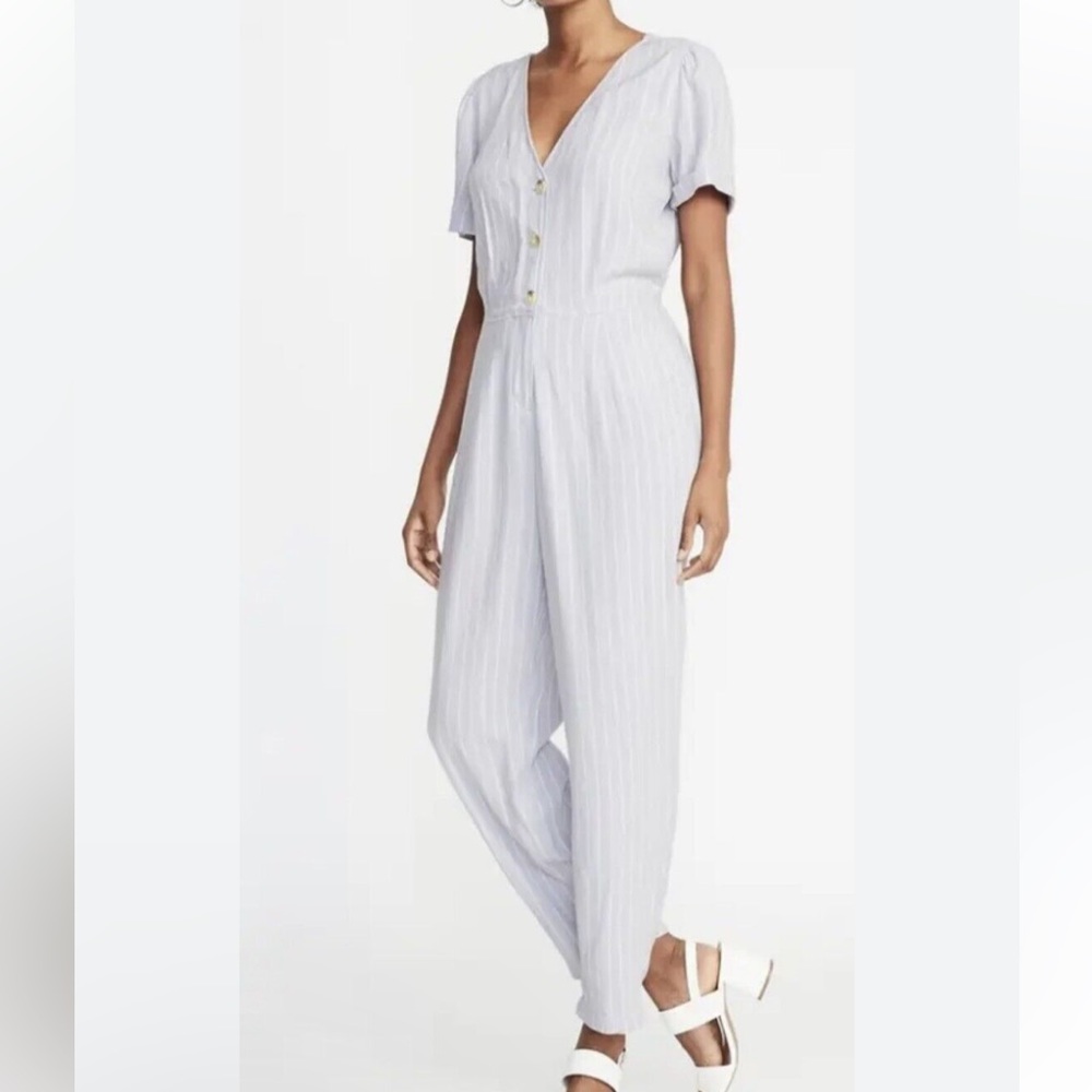 White Blue Pinstripe Linen Jumpsuit